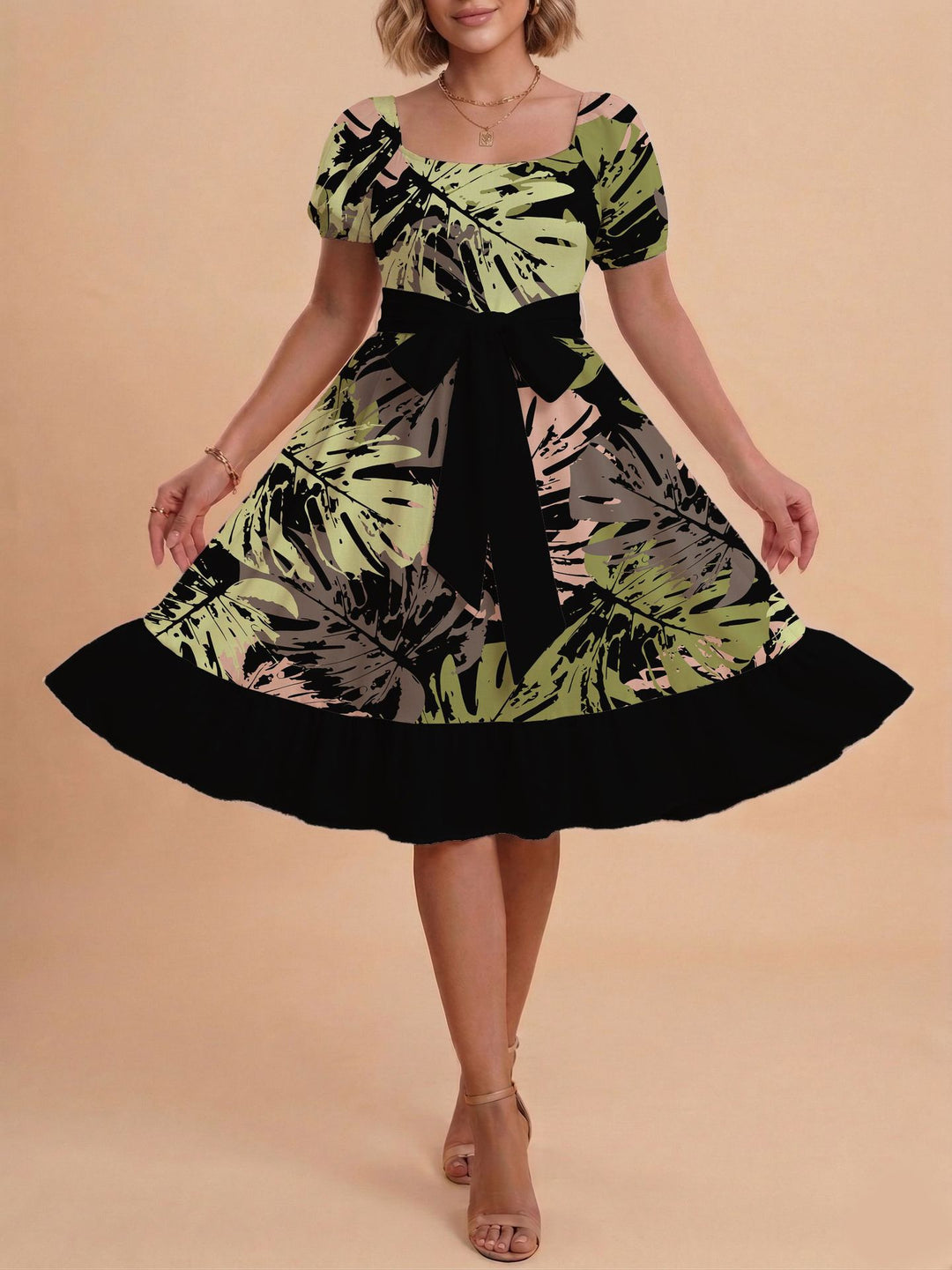 Damen Midikleid mit verspieltem Druck und tailliertem Schnitt Drune