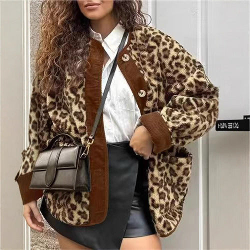 Damen warme Leopardenmuster Jacke Drune