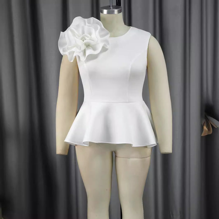 Damen elegantes Oberteil mit femininem Rüschensaum und auffälligem Blumenapplikation Drune