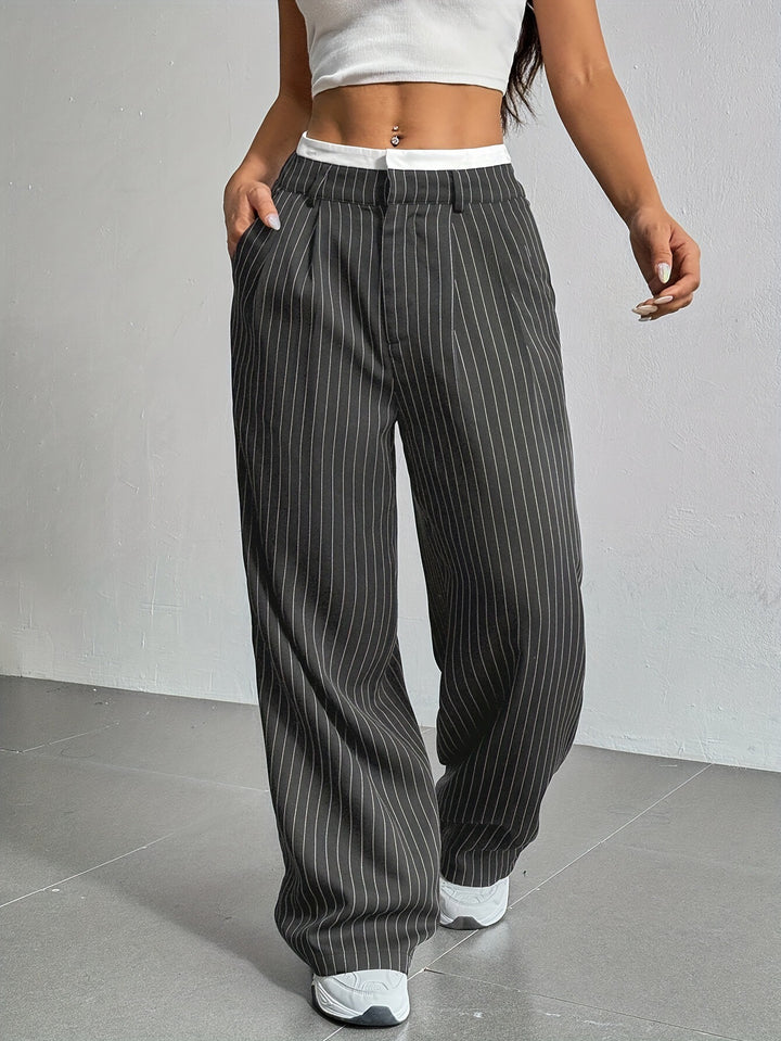 Damen Elegante Weite Hose mit Nadelstreifen und hohem Bund Drune