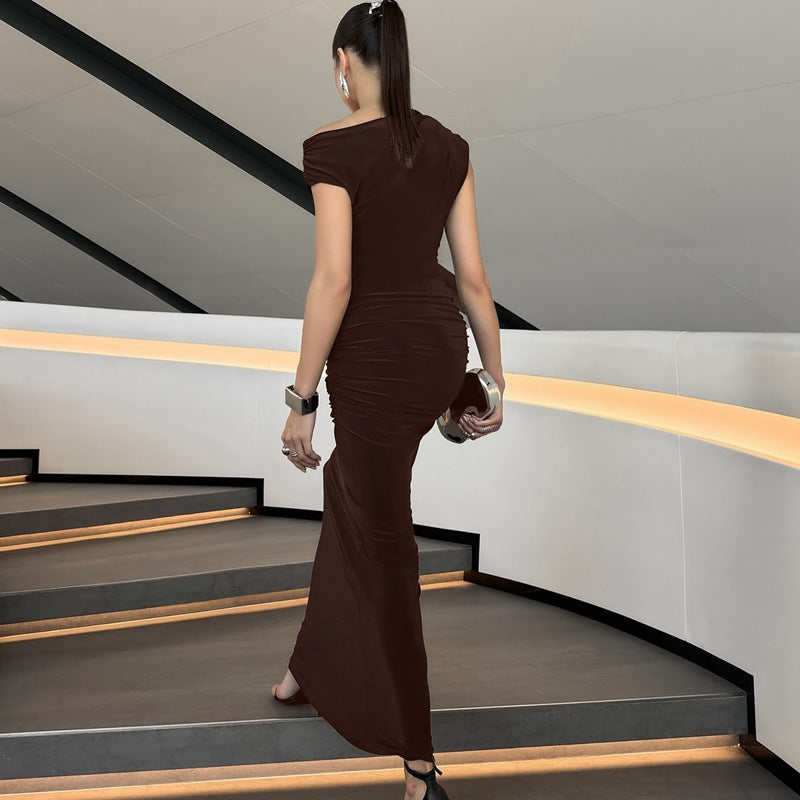 Damen Elegantes Wickel-Maxikleid mit asymmetrischer Schulterpartie Drune