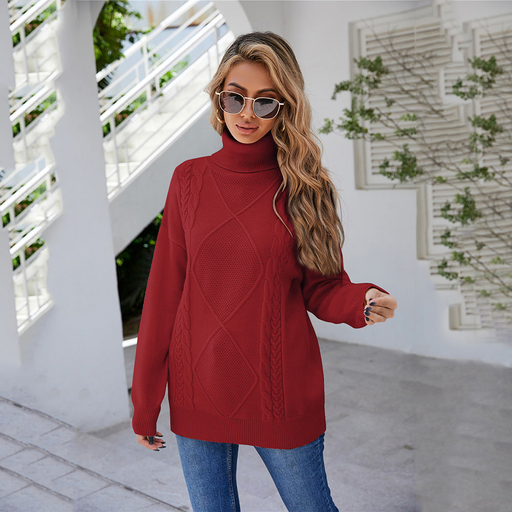 Damen Grobstrickpullover mit hohem Kragen und Zopfmuster Drune