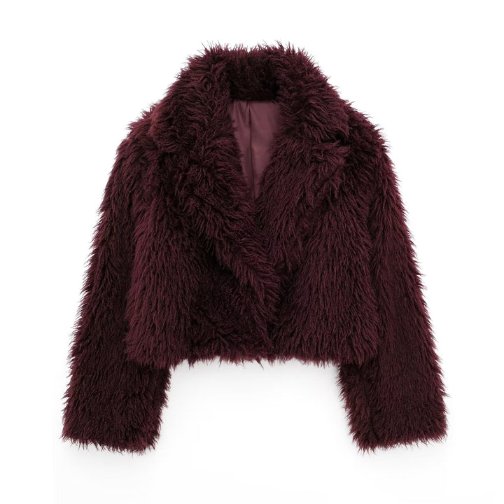 Damen nan kurze kuschelige Kunstfell-Cropped-Jacke mit großzügigem Schalkragen und offener Front Drune