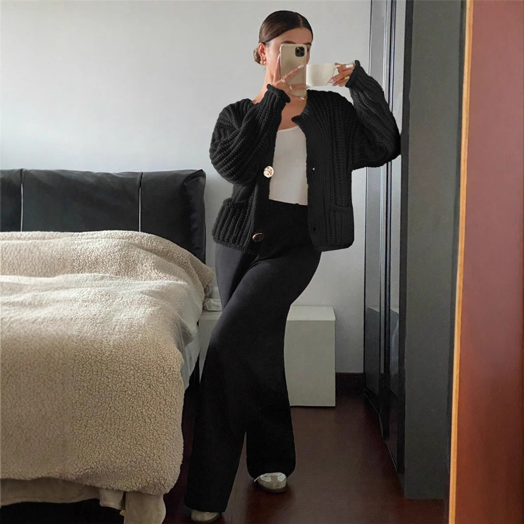 Damen Grobstrick-Jacke mit eleganten Knöpfen und Taschen Drune