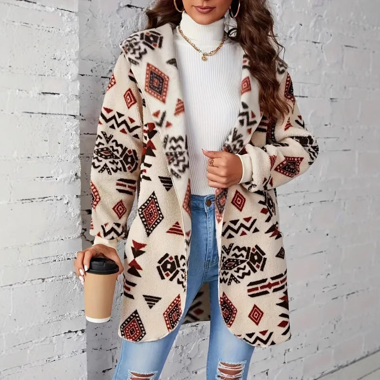 Damen Plüschjacke mit Ethno-Muster Drune