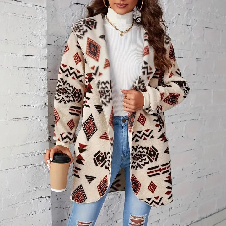 Damen Plüschjacke mit Ethno-Muster Drune