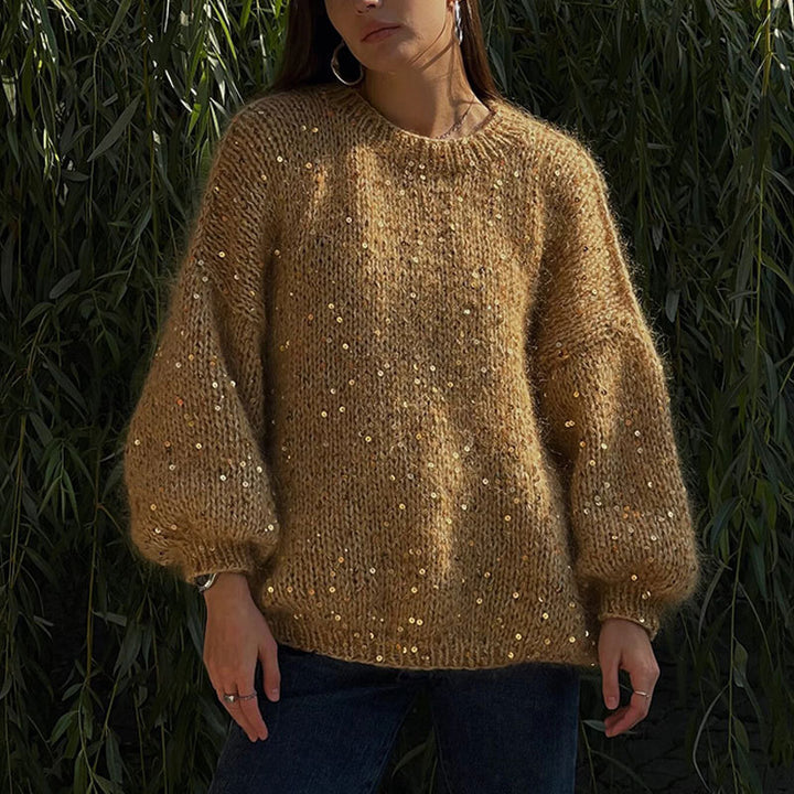 Damen Glitzernder Strickpullover mit Puffärmeln Drune