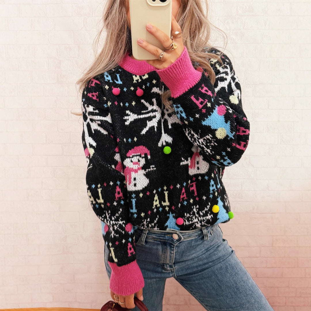 Damen festlicher Pullover mit farbenfrohen Weihnachtsmotiven und verspielten Details Drune