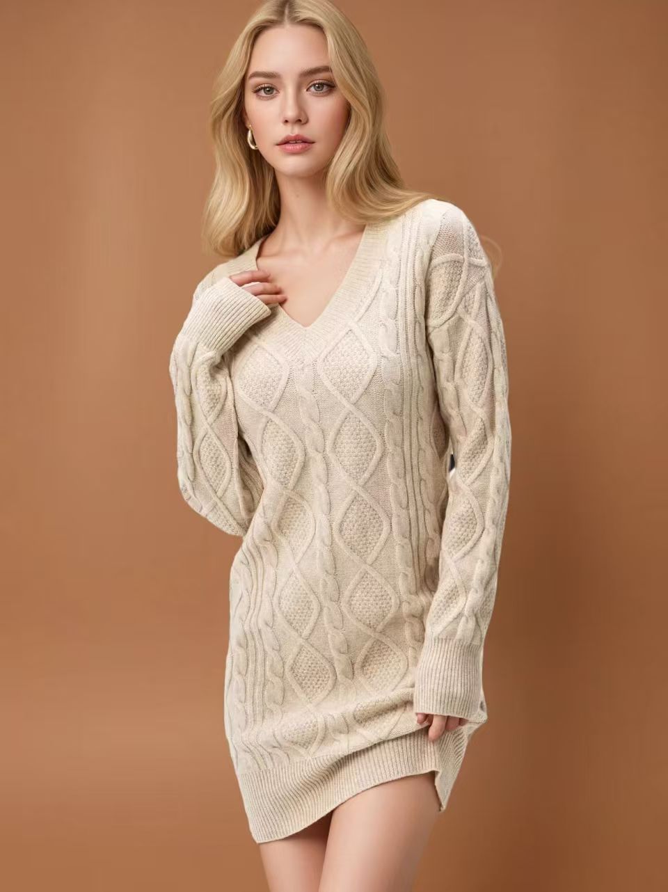 Damen Strickkleid mit tiefem V-Ausschnitt und strukturiertem Design Drune