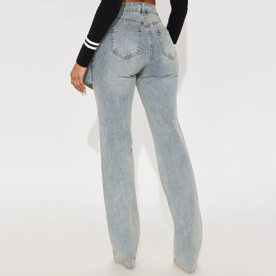 Damen Modische Denim-Hose mit asymmetrischem Design und hohem Bund Drune