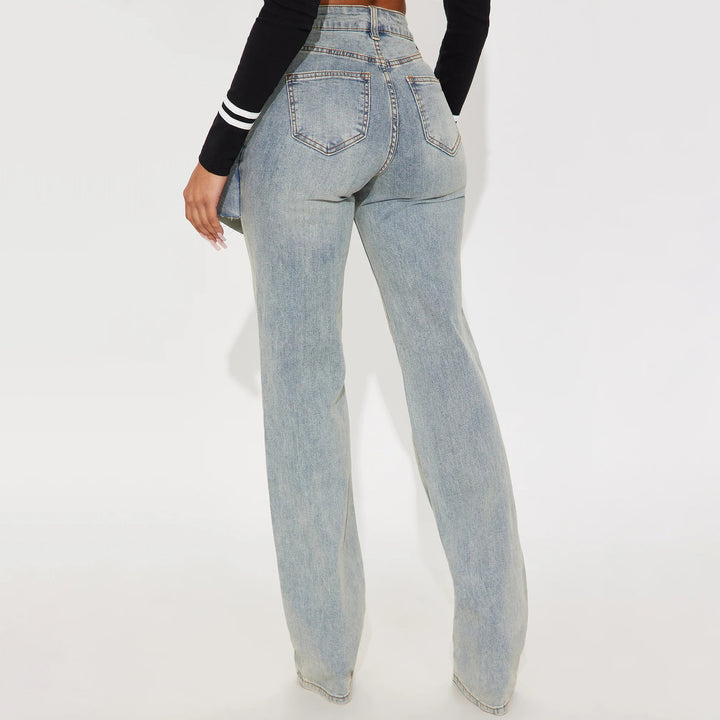 Damen Modische Denim-Hose mit asymmetrischem Design und hohem Bund Drune