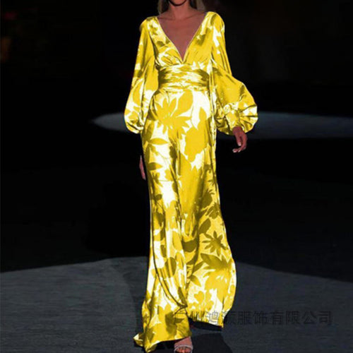 Damen Maxikleid mit schimmerndem floralem Design und elegantem V-Ausschnitt Drune