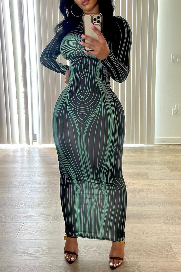Damen figurbetontes Langarm-Maxikleid mit modernem Grafikdesign Drune