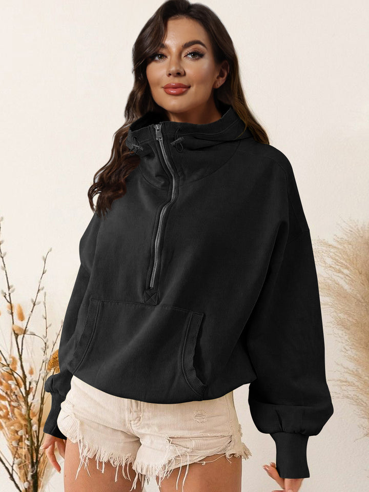 Damen sportlicher Kapuzenpullover mit halbem Reißverschluss und funktionalen Taschen Drune