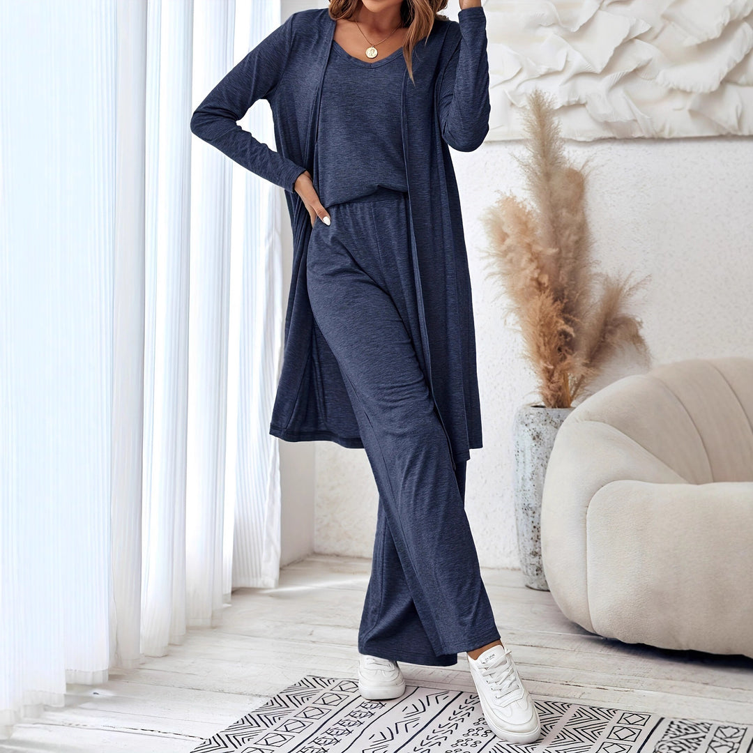 Damen Loungewear-Set mit Longcardigan und weit geschnittener Hose Drune