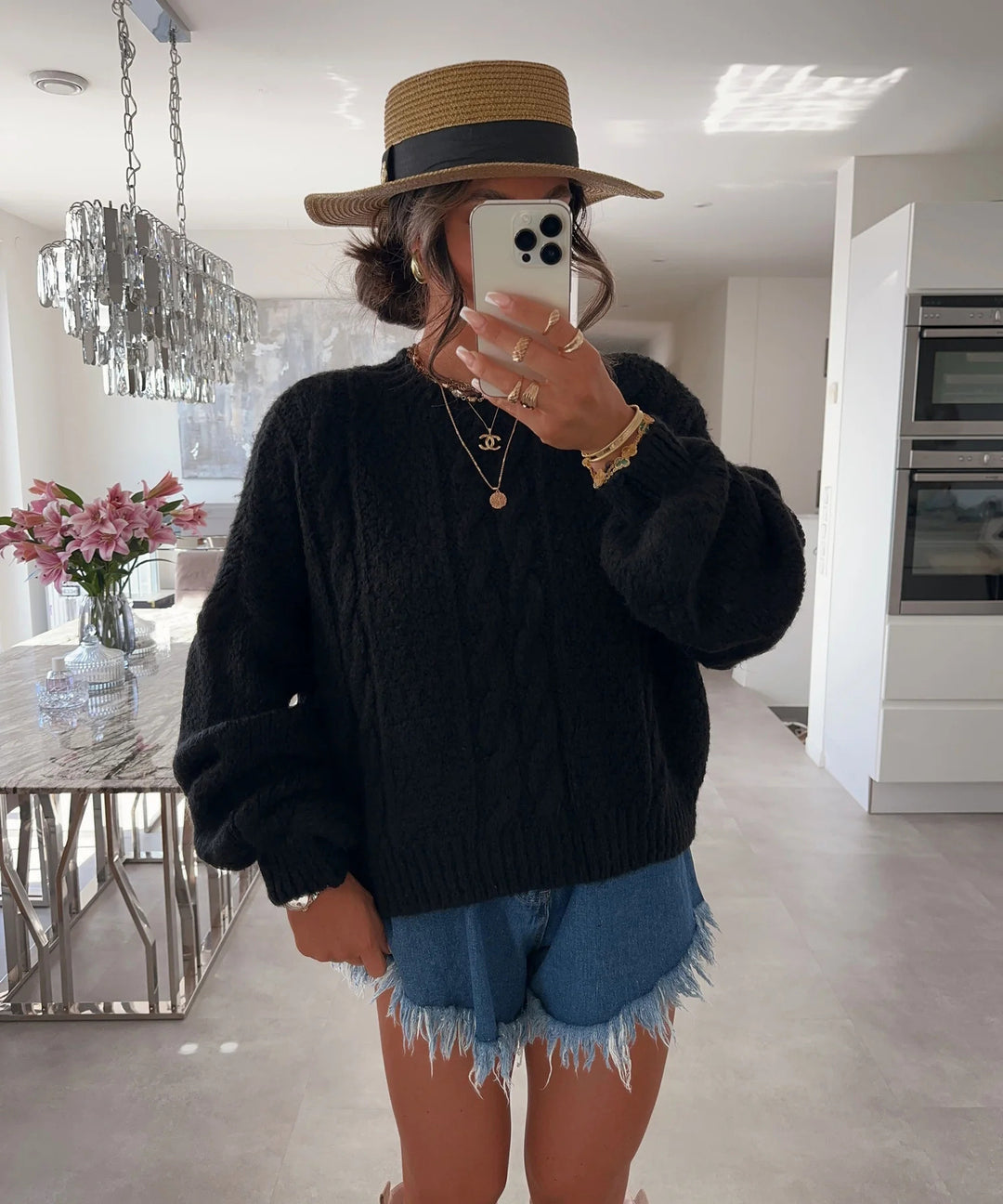 Damen Grobstrickpullover mit voluminösen Ärmeln und Zopfmuster Drune