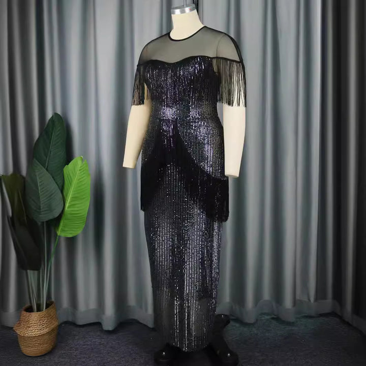 Damen glamouröses Abendkleid mit Fransen und Glitzer-Details Drune
