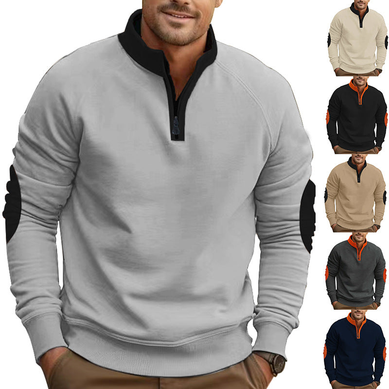 Herren nan legeres Baumwollmix-Halbzip-Sweatshirt mit Stehkragen, Raglanärmeln und verstärkten Ellbogen Drune