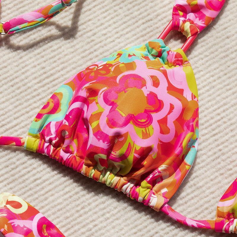Damen Triangel-Bikini mit modischem Blumendesign und verstellbaren Trägern Drune