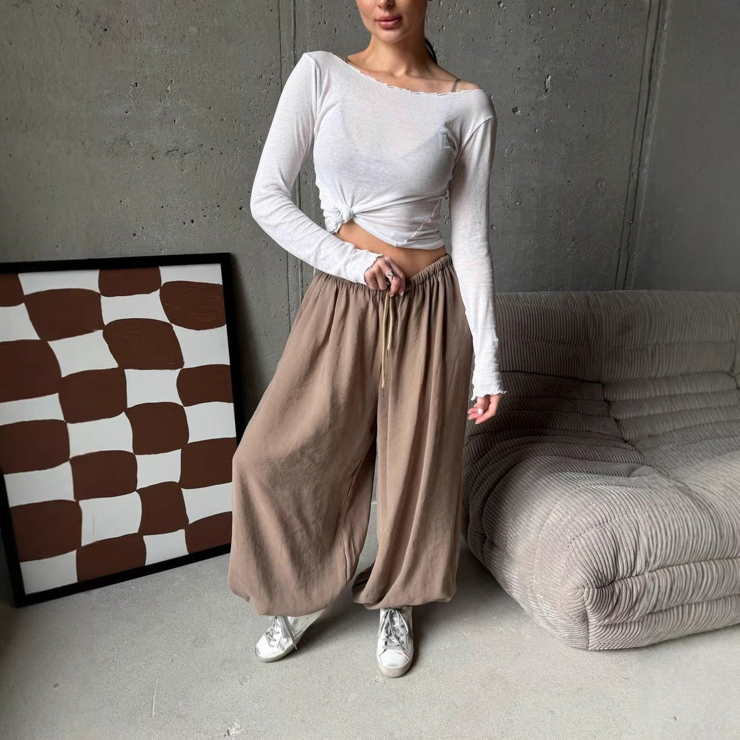 Damen weite Freizeithosen mit elastischem Bund und Kordelzug Drune