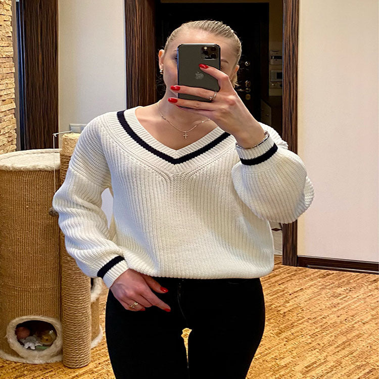 Damen trendiger V-Ausschnitt Pullover mit Puffärmeln und strukturiertem Gewebe Drune