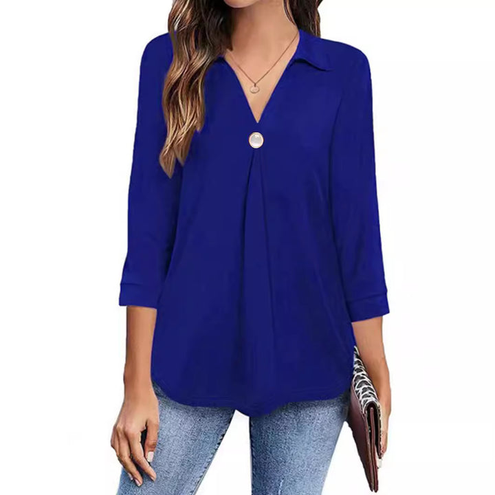 Damen Langarm Bluse mit elegantem V-Ausschnitt und dekorativen Falten Drune