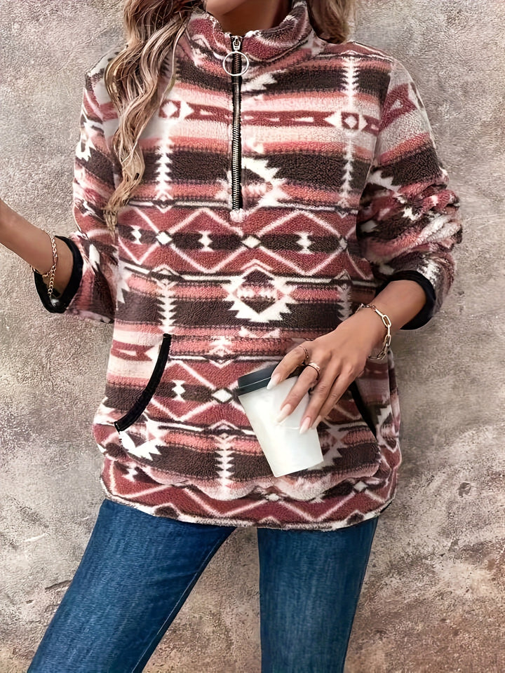 Damen Fleece-Pullover mit Stehkragen und modernem Ethno-Muster Drune
