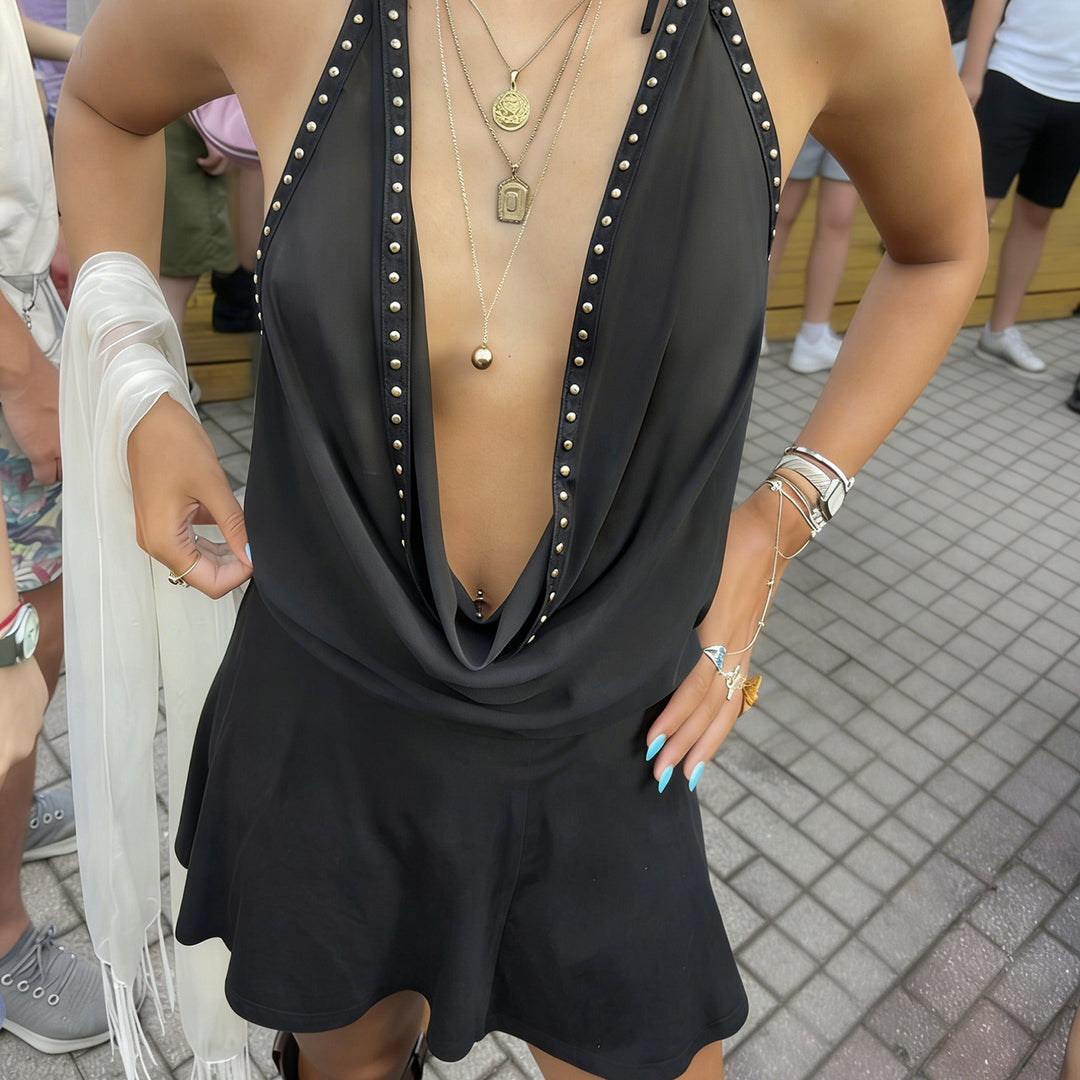 Damen Schwimmlatzkleid mit tiefem V-Ausschnitt und verspieltem Saum Drune