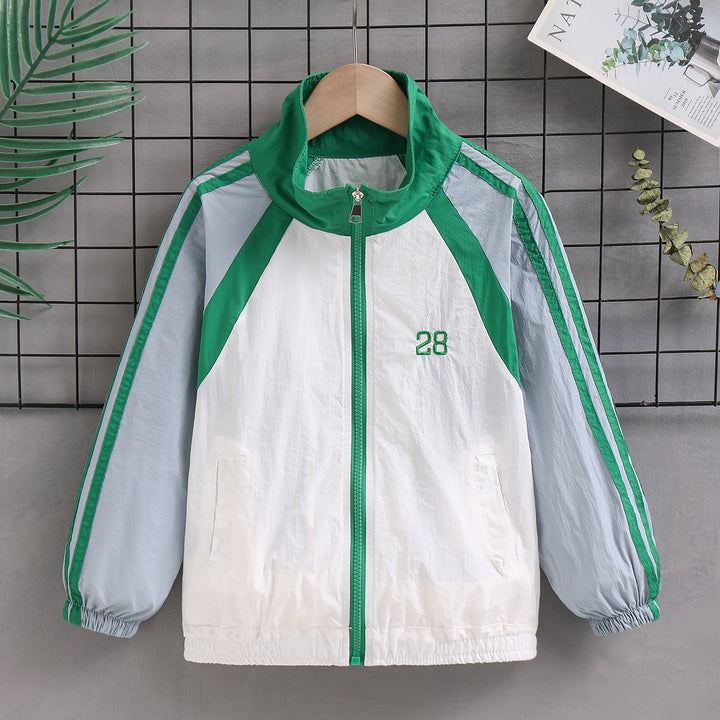 Unisex nan leichte Retro Windjacke mit Stehkragen, durchgehendem Reißverschluss und markanten Kontraststreifen Drune
