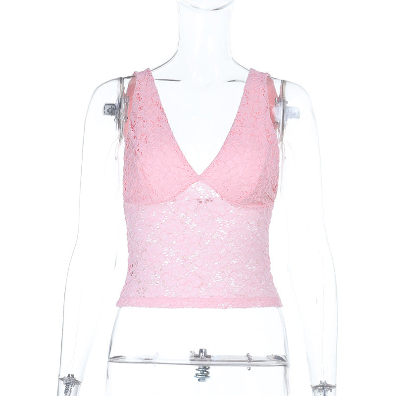 Damen Spitzen-Crop-Top mit tiefem V-Ausschnitt und Rüschendesign Drune