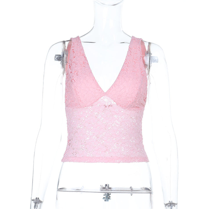 Damen Spitzen-Crop-Top mit tiefem V-Ausschnitt und Rüschendesign Drune