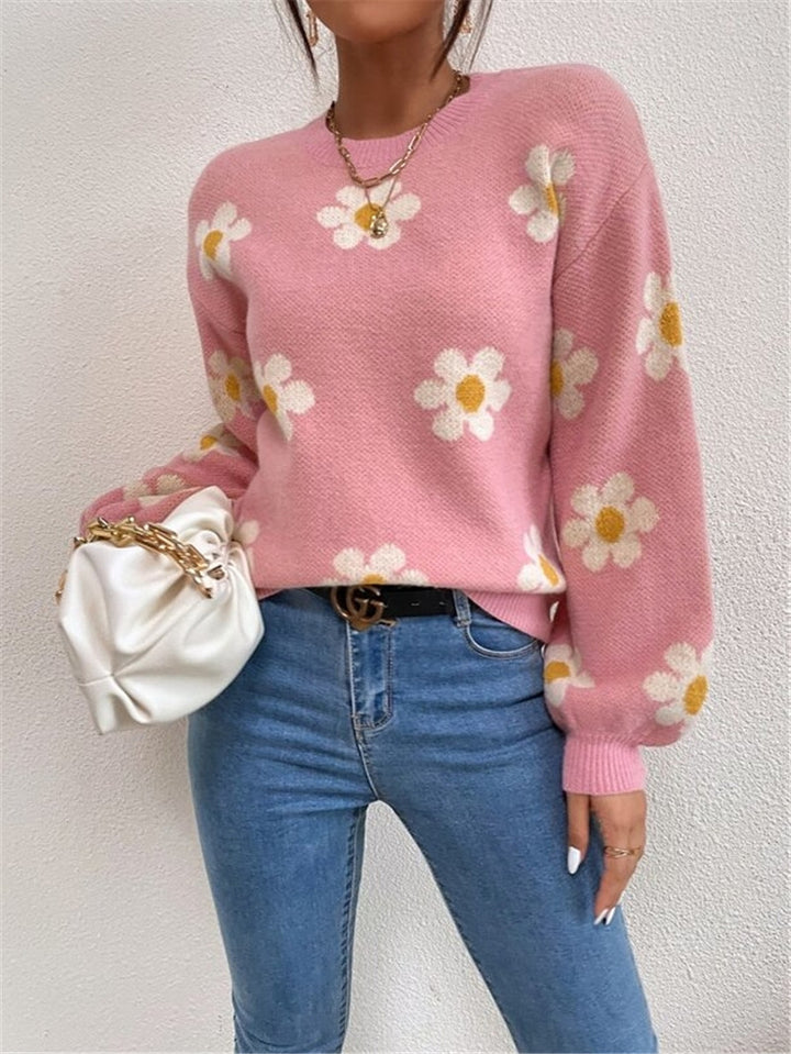 Damen Strickpullover mit verspieltem Blumenmuster und eleganten Puffärmeln Drune