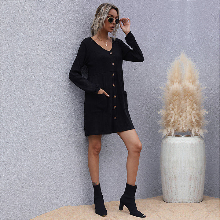 Damen lässiges Strickkleid mit Knopfleiste und Taschen Drune