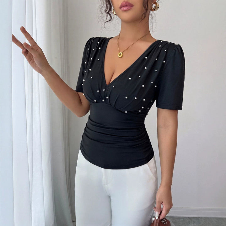 Damen elegante Bluse mit Perlen-Detail Drune