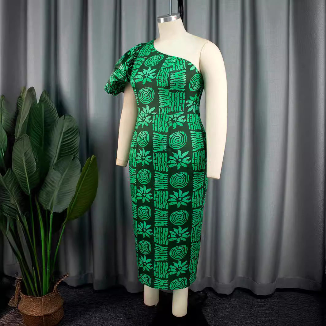 Damen asymmetrisches Maxi-Kleid mit einzigartigem Muster und voluminösem Puffärmel Drune