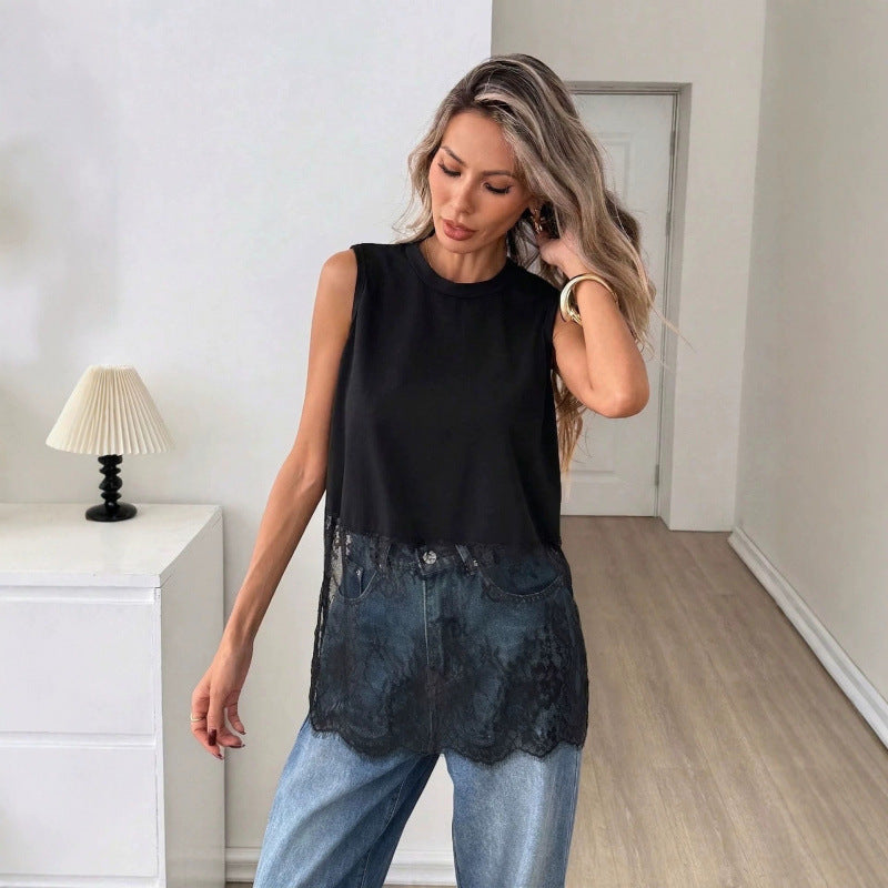 Damen luftiges Oberteil mit elegantem Spitzenvolant Drune