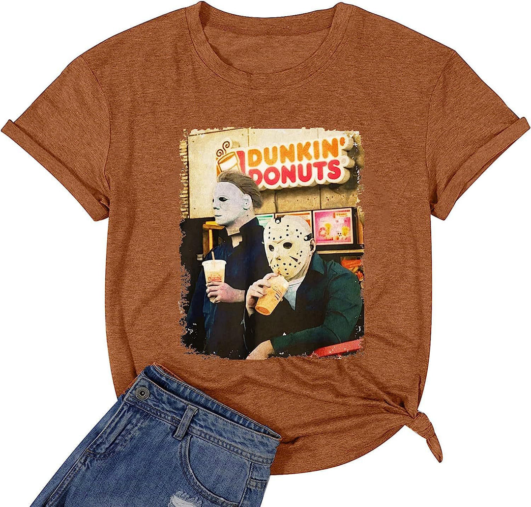 Damen Trendy Grafik T-Shirt mit ikonischen Horrorfiguren Drune