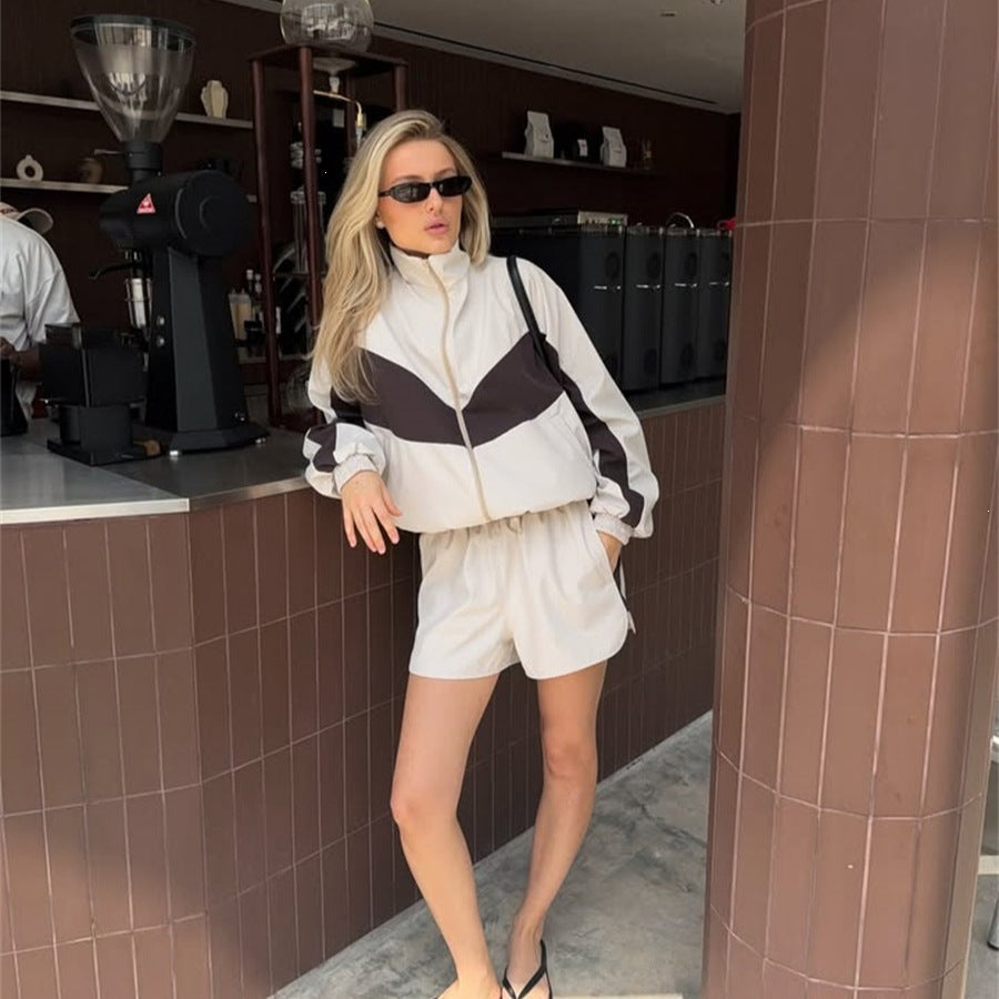 Damen nan lässiges Athleisure-Set mit windabweisender Kurzjacke, Stehkragen und elastischen Highwaist-Shorts Drune