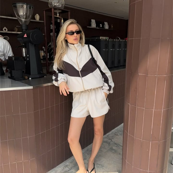 Damen nan lässiges Athleisure-Set mit windabweisender Kurzjacke, Stehkragen und elastischen Highwaist-Shorts Drune