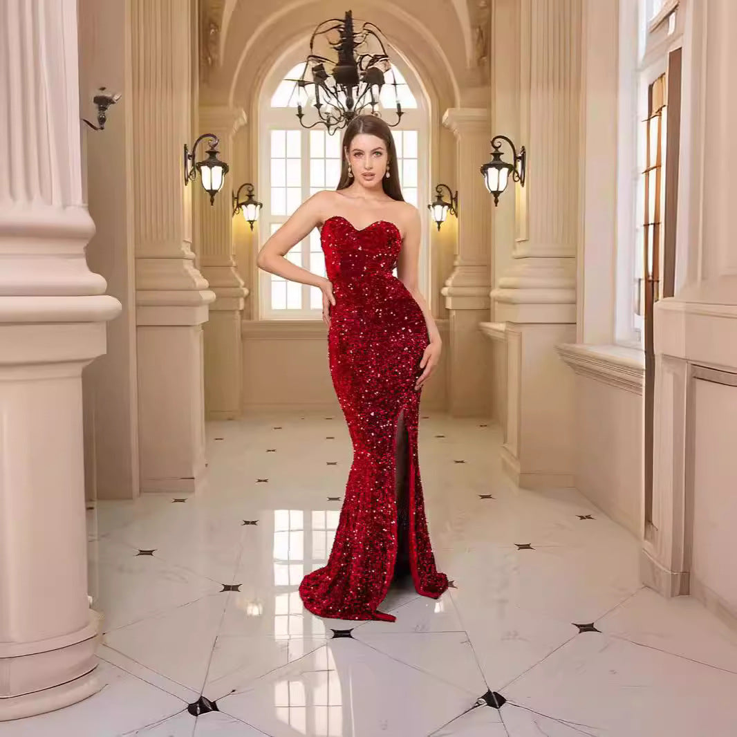 Damen glamouröses Abendkleid mit schulterfreiem Design und schimmernden Pailletten Drune