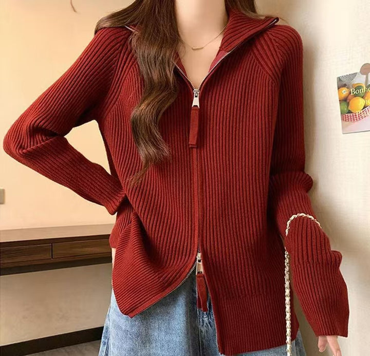 Damen Modische Strickjacke mit Stehkragen und Reißverschluss Drune