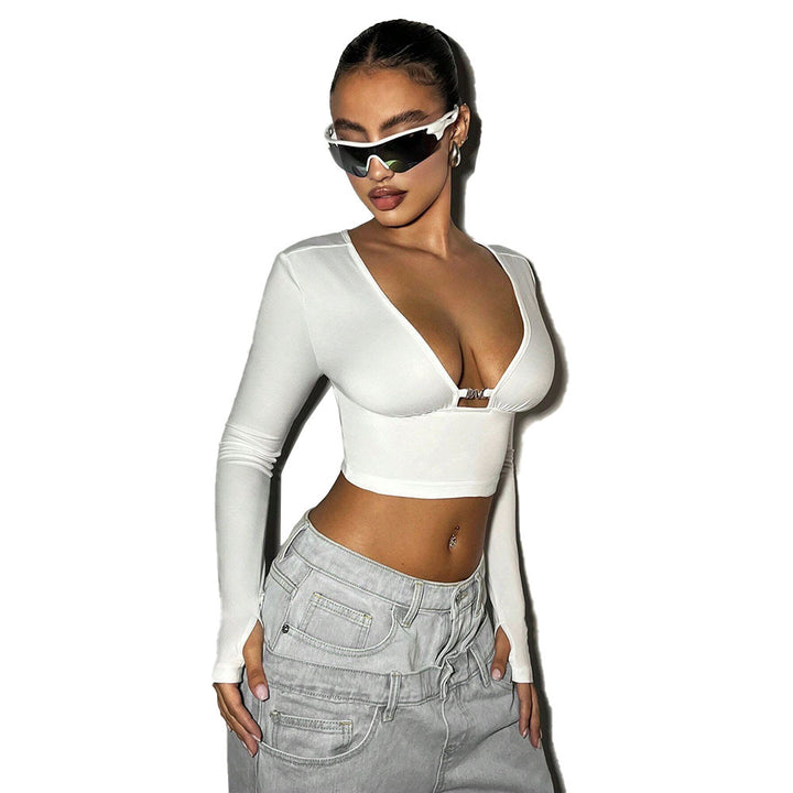 Damen cropped Langarmtop mit tiefem V-Ausschnitt und dekorativer Schnalle Drune