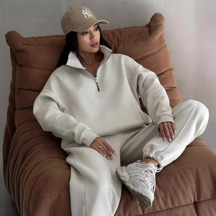 Damen lässiger Kapuzenpullover mit Reißverschluss und passenden Sweatpants Drune