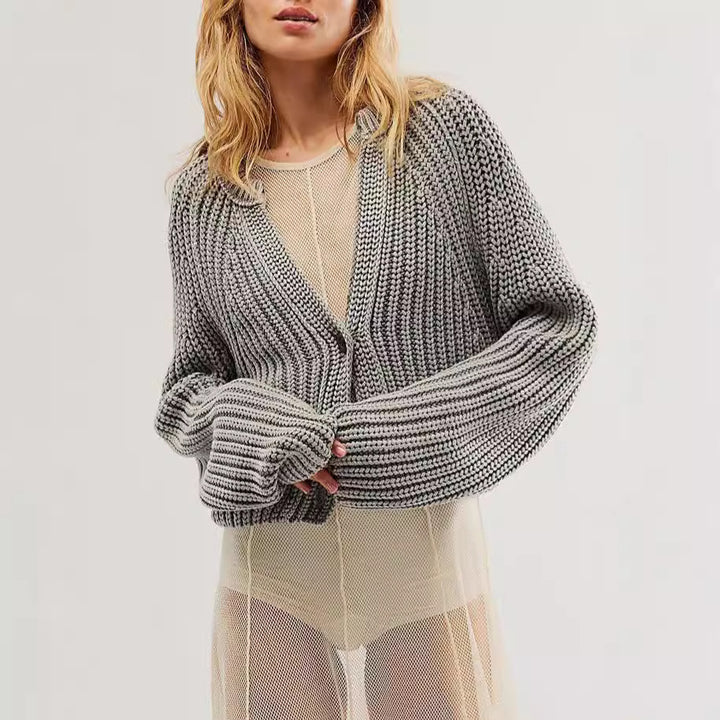 Damen lässige Strickjacke mit dekorativem Knopfverschluss und voluminösen Ärmeln Drune