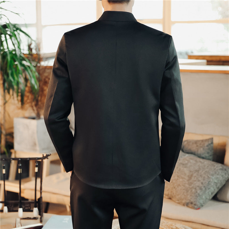 Herren nan asiatisch inspirierte Mandarinjacke mit Stehkragen, Knotenknopfleiste und tonalem Stick-Emblem Drune