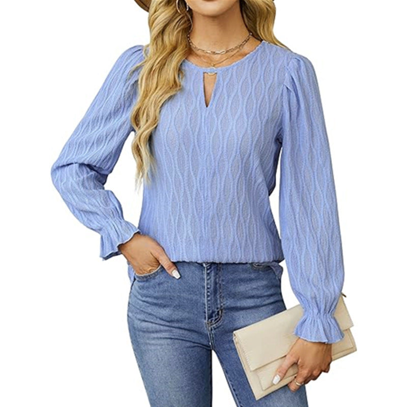 Damen elegantes Langarmshirt mit strukturiertem Stoff und Schlüsselloch-Ausschnitt Drune