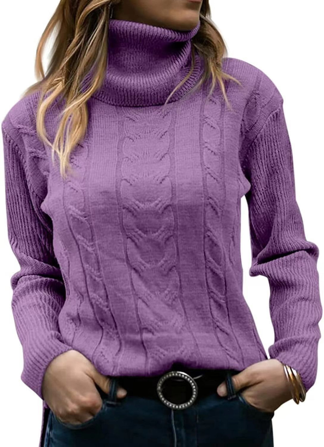 Damen Strickpullover mit hohem Kragen und strukturiertem Zopfmuster Drune