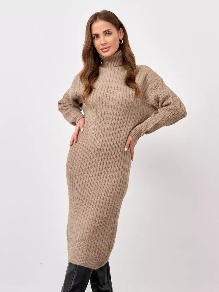 Damen Strickkleid mit hohem Kragen und Zopfmuster Drune