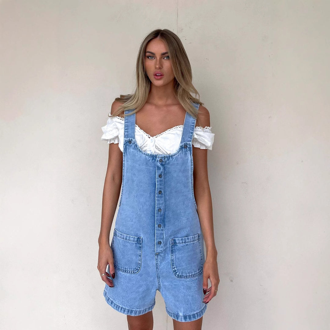 Damen Denim-Latzhose mit praktischen Taschen und knöpfbarem Design Drune