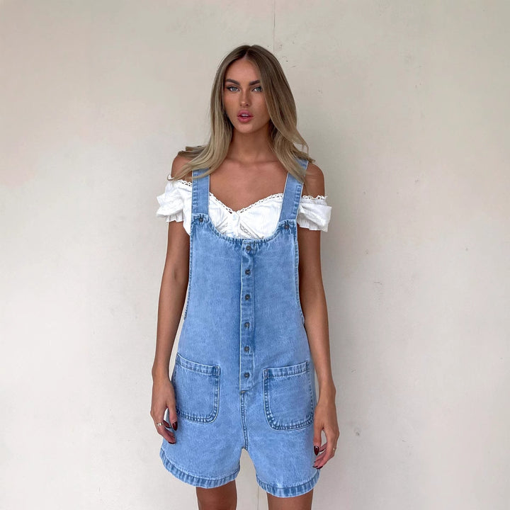 Damen Denim-Latzhose mit praktischen Taschen und knöpfbarem Design Drune